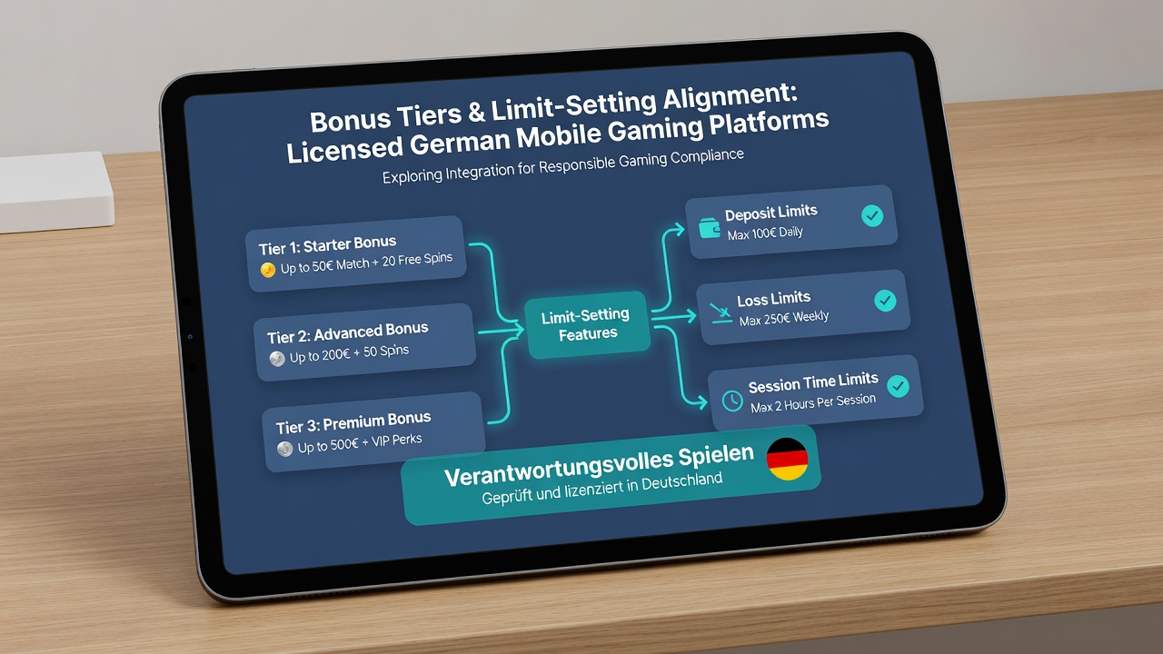 Mobile App-Screenshot mit Bonusprogression und Limit-Einstellungen in einem deutschen Casino