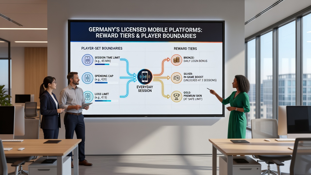 Darstellung einer mobilen Casino-App mit Belohnungsstufen und eingestellten Spielerlimits auf einem Smartphone-Bildschirm