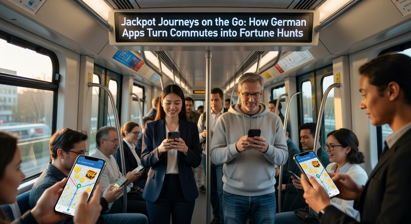 Smartphone mit Casino-App in der U-Bahn, Jackpot-Symbole leuchten auf dem Bildschirm während einer Pendlerfahrt