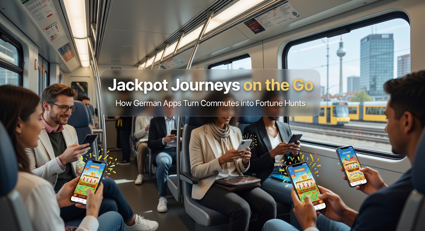 Pendler mit Headset und Smartphone in der Hand, Casino-App offen, Jackpot-Win-Banner auf dem Display während einer Busfahrt
