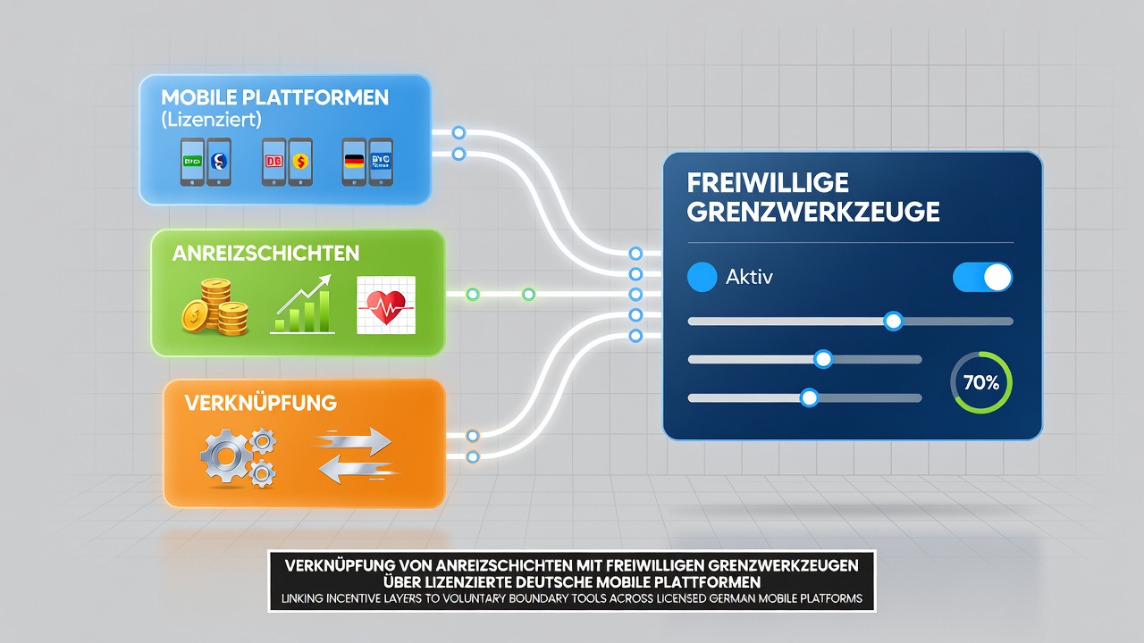 Schnittstelle einer deutschen Mobilplattform mit verknüpften Bonusstufen und einstellbaren Schutzlimits