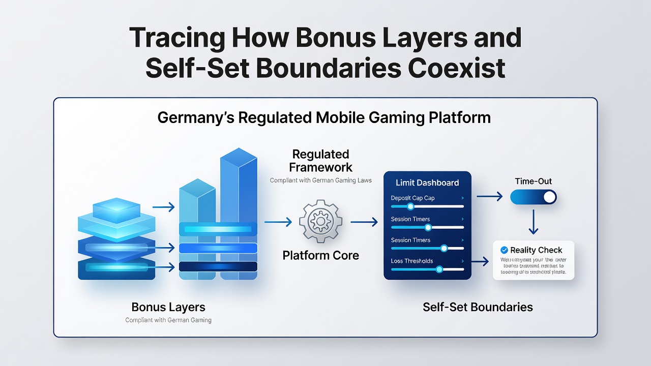 Schnittstelle einer mobilen App mit Bonusfortschritt und Limit-Einstellungen
