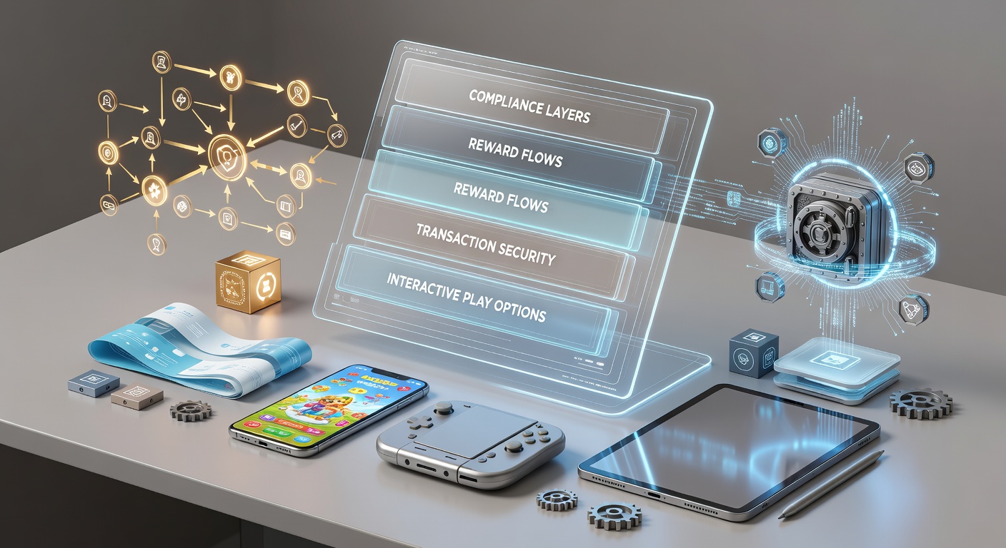 Compliance layers visualized across mobile gaming platforms with secure transaction flows and reward structures