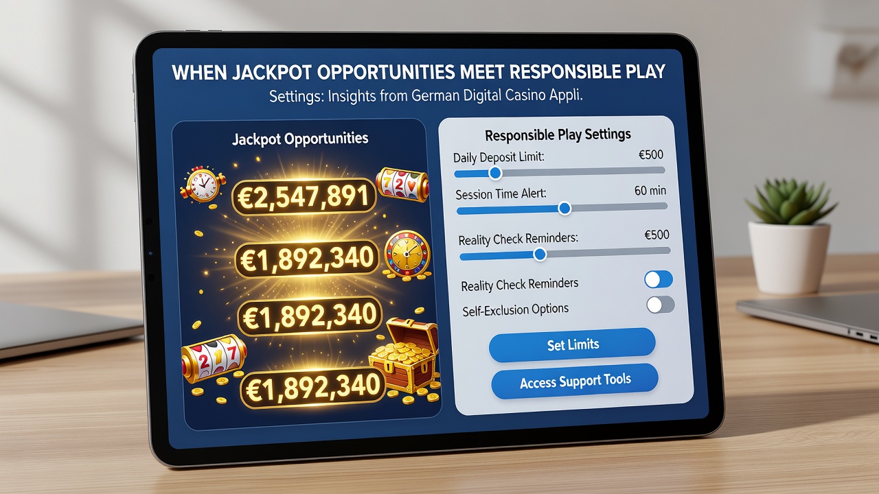Schnittstelle einer deutschen Casino-App mit Jackpot-Anzeige und aktivierten Limit-Einstellungen